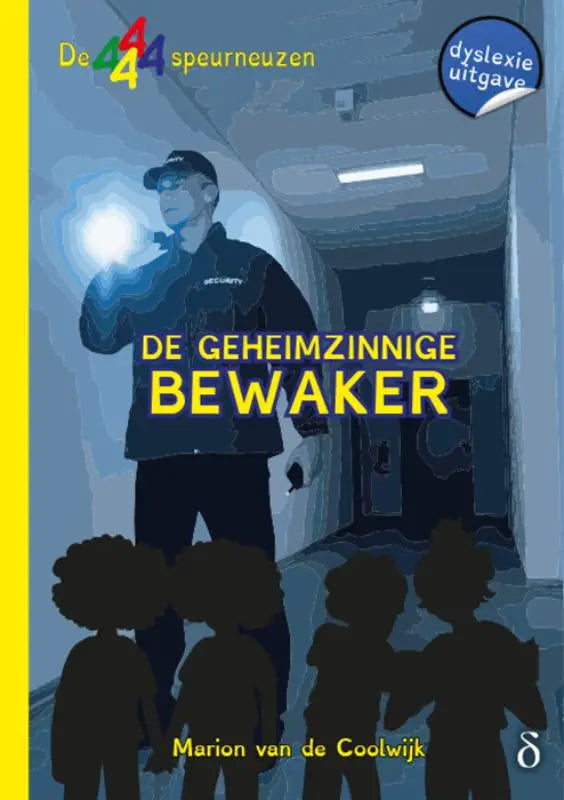 De geheimzinnige bewaker kinderboek cover met gestileerde bewaker in donkere kleding en zaklamp uit de 44 speurneuzen serie