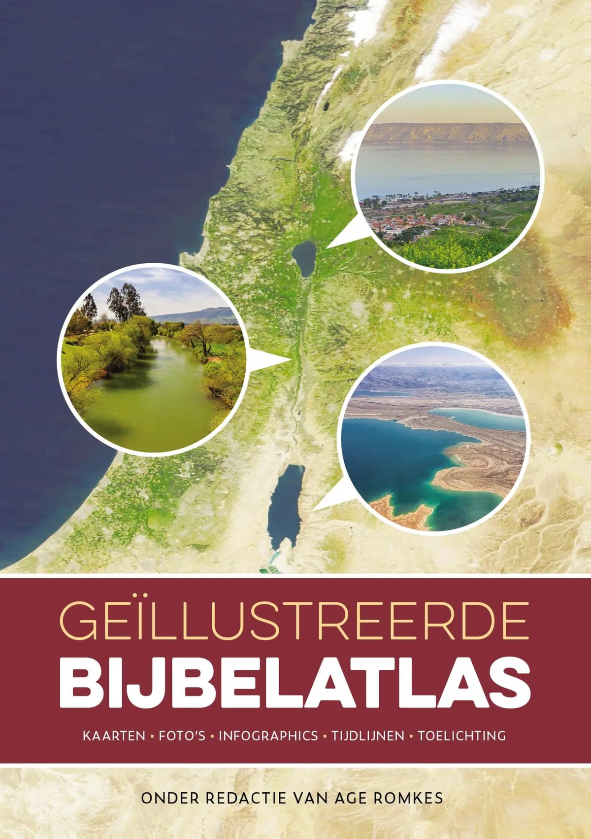 Geïllustreerde bijbelatlas met kleurrijke kaarten en foto’s van bijbelse locaties en een bordeauxrode titelbanner