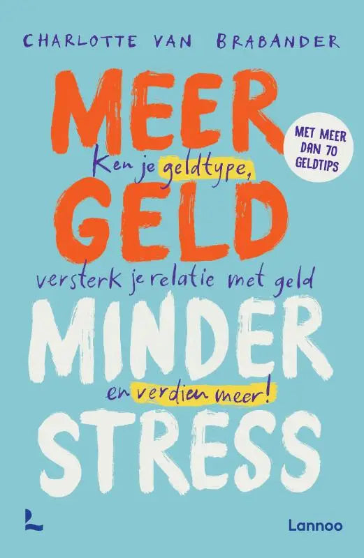 Lichtblauwe achtergrond met helder oranje en witte tekst van meer geld minder stress door charlotte van brabander over geldtype en versterk relatie