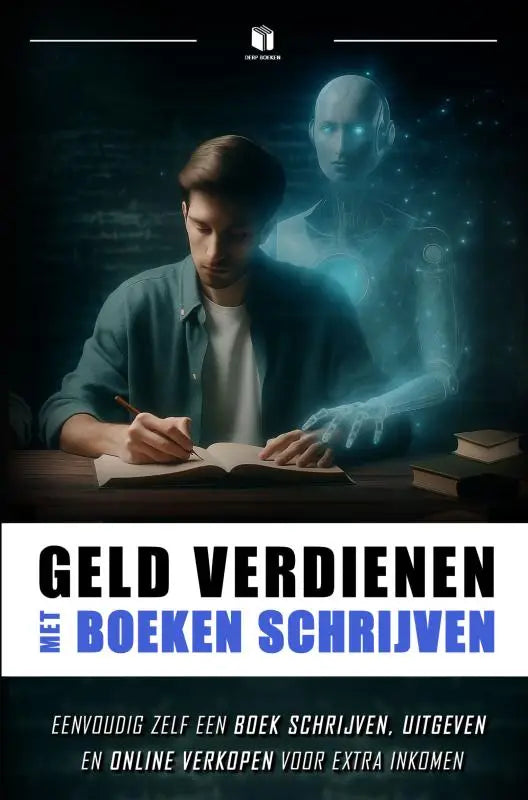 Een man in een teal shirt schrijft in een boek met een holografische robot op de achtergrond geld verdienen boeken schrijven