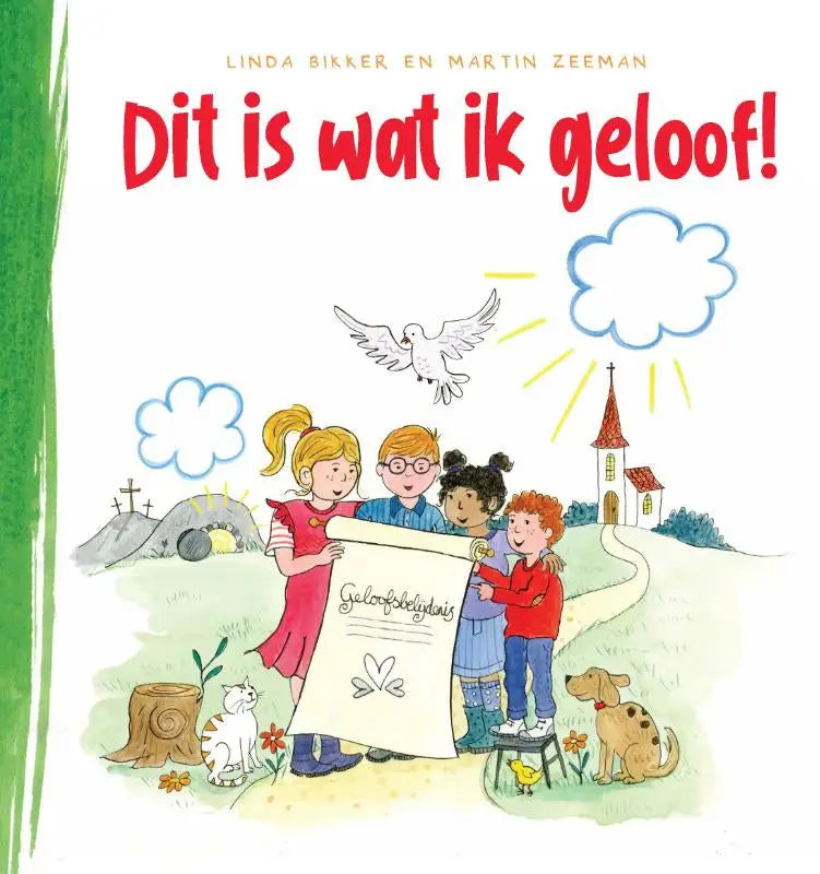 Kinderen houden een wit perkament met zwarte kalligrafie en harten voor een kerk op het religieuze cadeauboekjes dit is wat ik geloof van martin zeeman