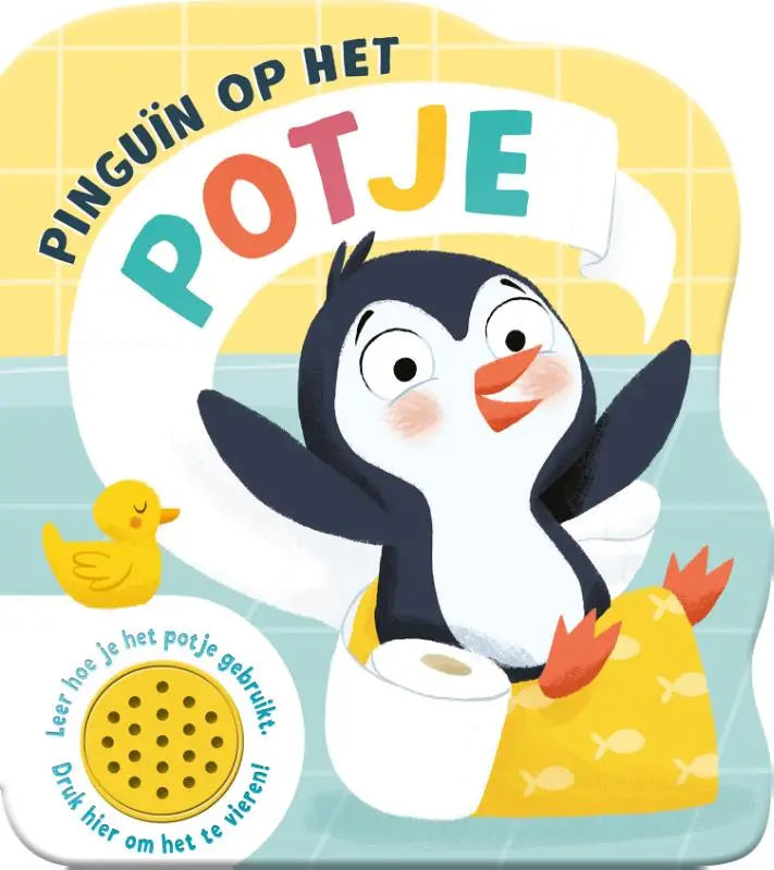 Een vrolijke zwart-witte kleine pinguïn met oranje snavel en voeten op een gele badmat in een witte wc pot geluidboek kleine pinguïn potje gebruikt