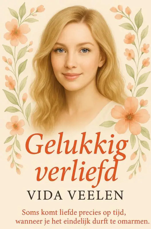Zachte perzikkleurige bloemenrand omlijst een portret van een vrouw op de gelukkig verliefd book cover van vida veelen
