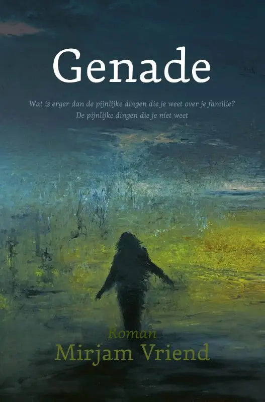 De boekcover van genade door mirjam vriend toont een donker, sfeervol landschap met een figuur onder een stormachtige lucht, gepubliceerd door london books