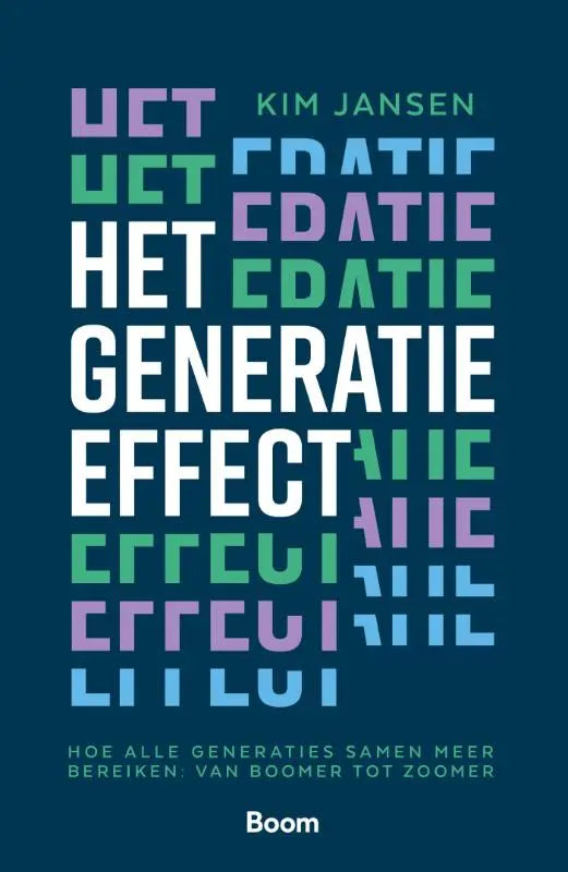 Boekcover van Het generatie-effect met witte en pastel paarse en groene typografie op diep teal achtergrond