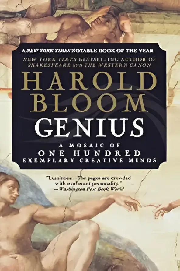 Boekcover van Genius a mosaic of one hundred exemplary creative minds van Harold Bloom met klassieke kunst en gouden letters op donkere achtergrond