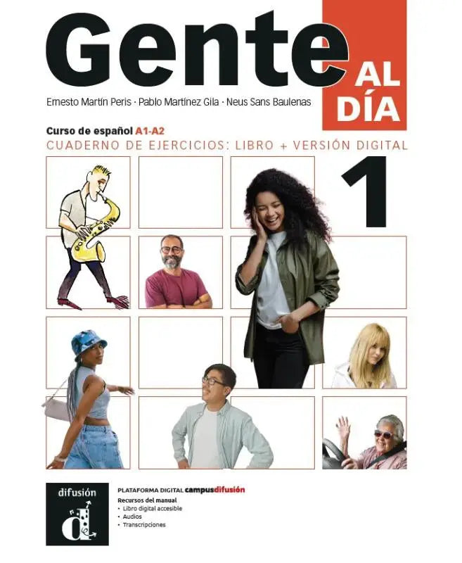 De cover van gente al día 1 cuaderno de ejercicios toont een raster van geïllustreerde en gefotografeerde mensen en is ideaal voor talen algemeen publicaties