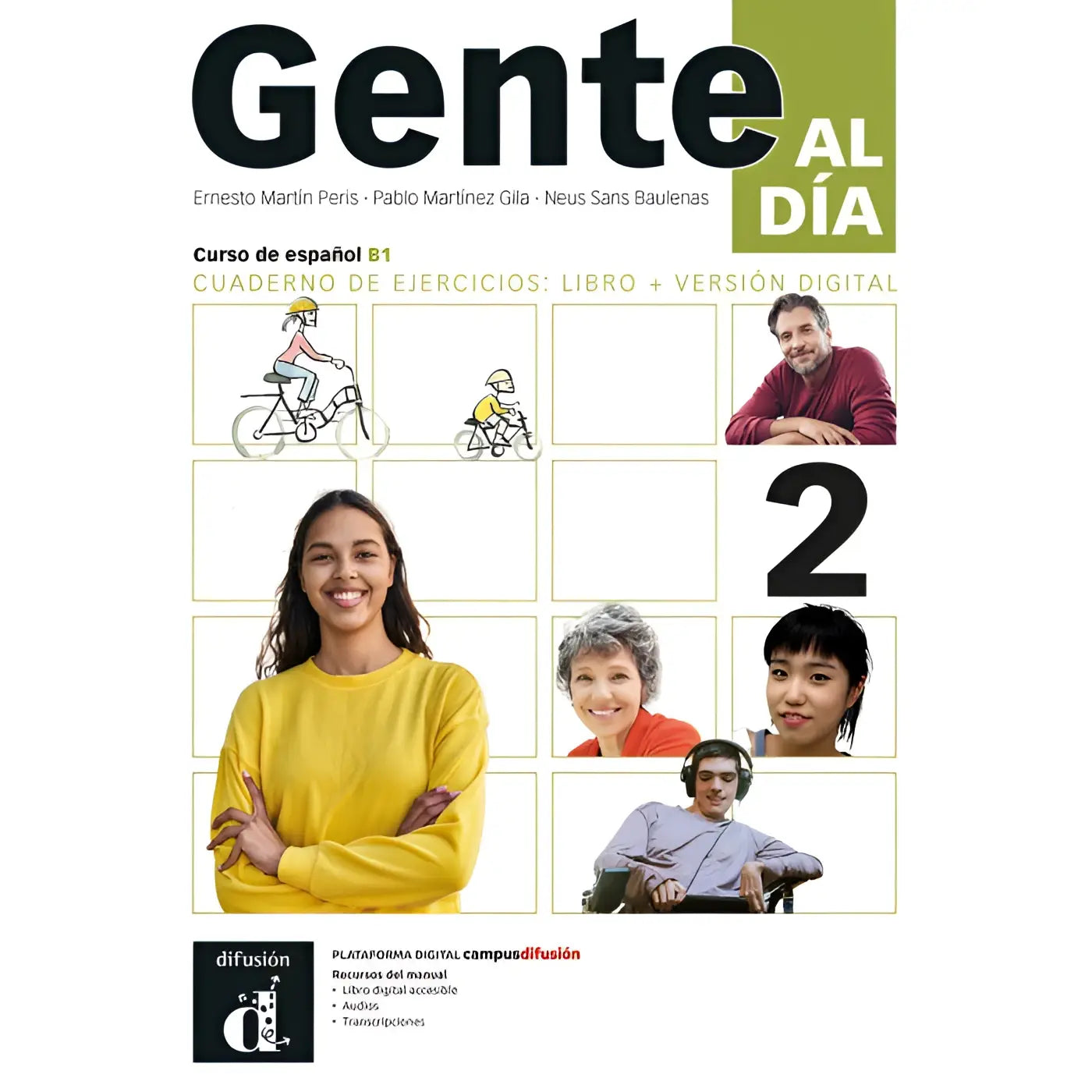 De voorkant van de gente al día 2 spaanstalige werkboek met een vrouw in een felgele trui als centraal beeld