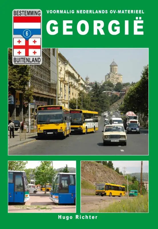 De cover van een gids over georgië met gele en witte bussen als voormalig nederlands ov-materieel bestemming buitenland