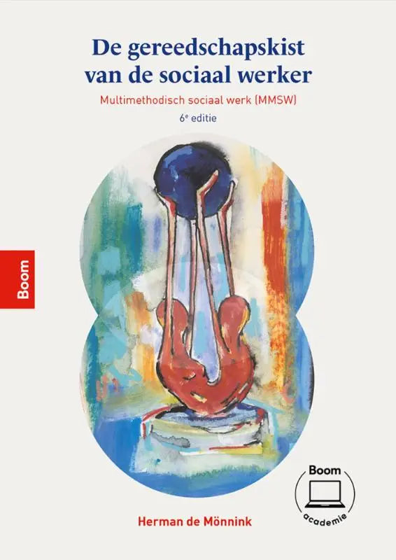 Boekcover van de gereedschapskist van de sociaal werker met een abstracte blauwe bol en rode vormen voor multimethodisch sociaal werk