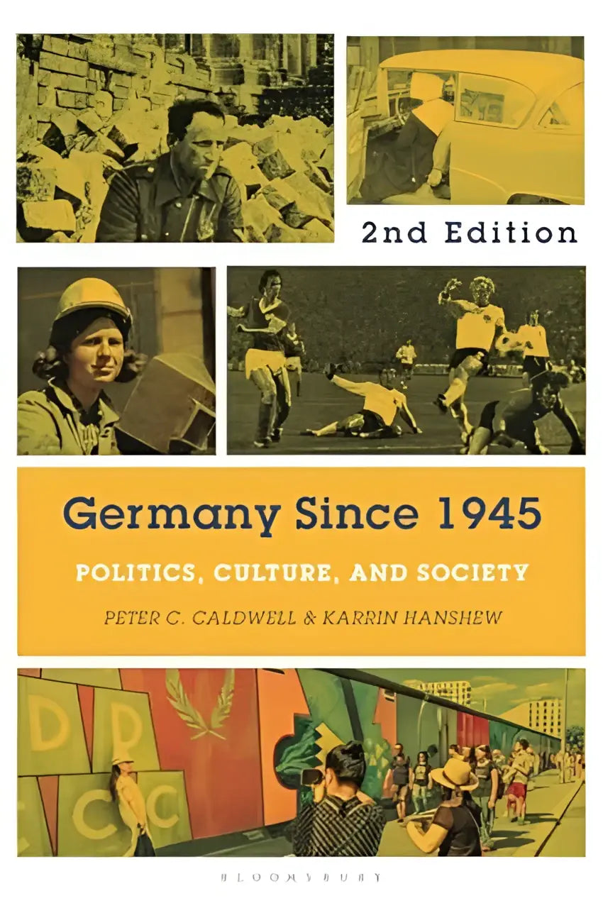 Gele hardcover boek germany since 1945 met een collage van historische foto’s op de omslag over politiek en cultuur