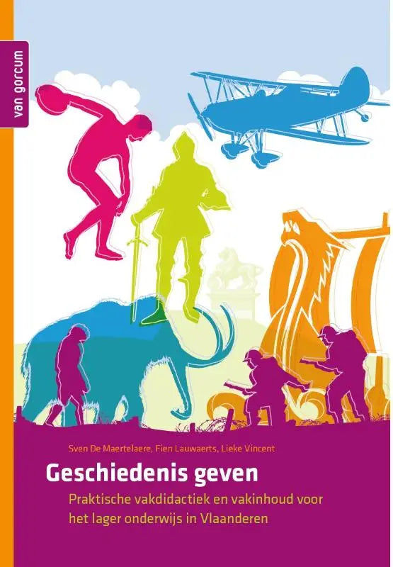 Boekcover met kleurrijke illustratie en silhouetten historische figuren voor praktische vakdidactiek lager onderwijs