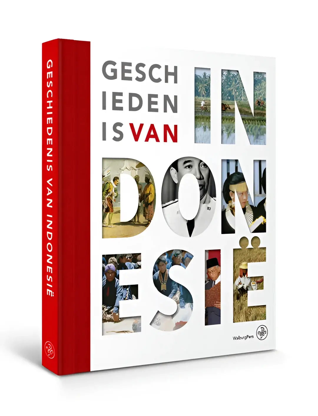 Wit hardcover boek geschiedenis van indonesië met rode rug en uitgesneden historische foto’s van amsterdam university press