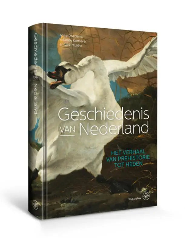 Hardcover boek geschiedenis van nederland met gedetailleerde illustratie van twee witte zwanen in vlucht op omslag