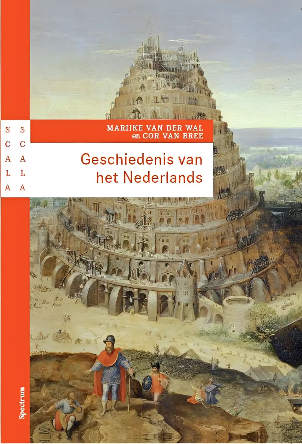 Boekcover geschiedenis van het nederlands met historische toren van babel schildering, oranje rug en witte titelblok