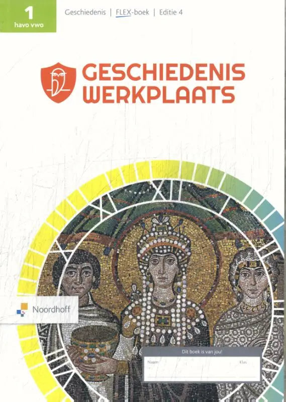 Cover of de geschiedeniswerkplaats textbook with a circular mosaic of three ornate figures on a white background