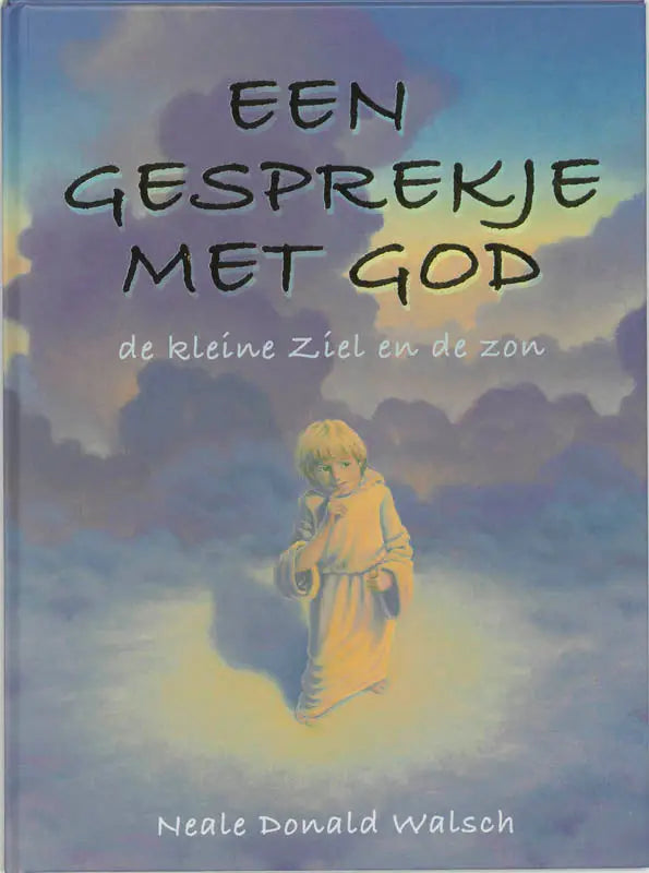 Een zachte geïllustreerde kinderboekcover van een kleine ziel in witte gewaden zwevend tussen wolken bij filosofie algemeen