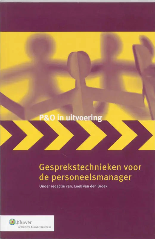 Boekcover paars en geel met papieren figuren van gesprekstechnieken voor de personeelsmanager door kluwer