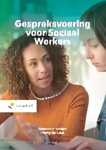 De boekcover van gespreksvoering voor sociaal werkers toont twee vrouwen in een oranje jurk met de titel gesprekken over sociale werk van marianne luitjes
