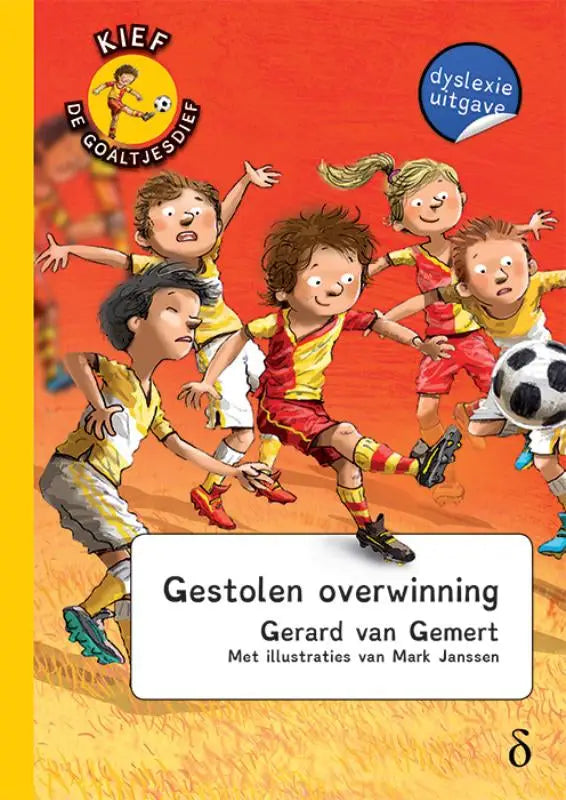 Vibrante oranje boekcover van gestolen overwinning met cartoon kinderen in gele en rode voetbaltenues met bal