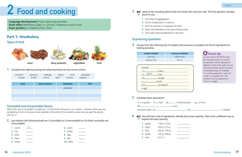 Het beeld toont een pagina uit collins get ready for ielts listening unit 2 over food and cooking voor the ielts listening test