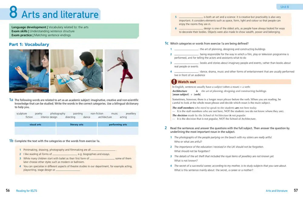 Pagina uit de Engelse taalleerboek get ready for ielts reading ieft 4 plus tweede editie unit 8 kunst en literatuur