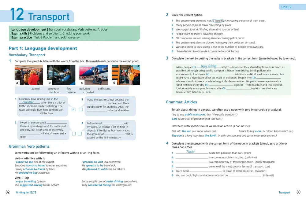 Een pagina uit collins get ready voor ielts writing test met transportwoordenschat en grammaticasoefeningen