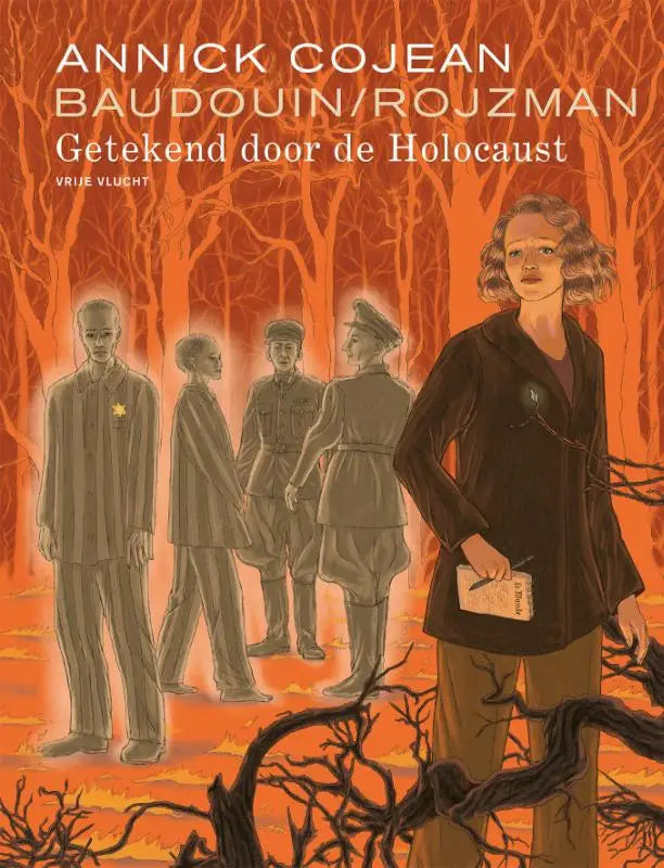 Een vrouw in een donker mantel staat voor een oranje, met bomen omgeven achtergrond in getekend door de holocaust van annick cojean en théa rojzman strips algemeen