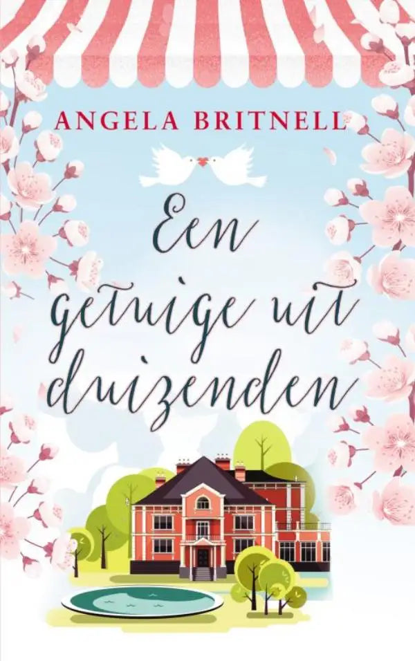Een getuige uit duizenden met een charmante roze en witte gestreepte luifel boven een rood bakstenen huis met bloeiende sakura