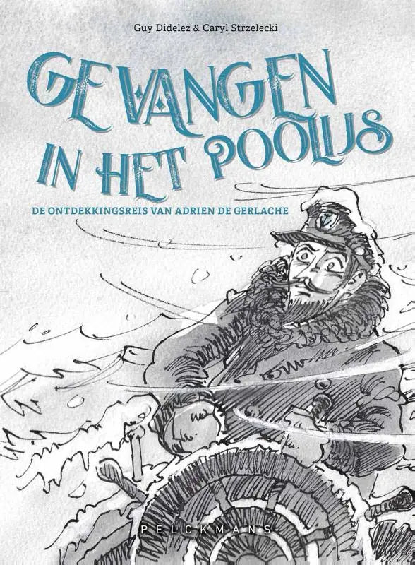 Het boek gevangen in het poolijs toont een jonge lezers-gerichte illustratie van een poolonderzoeker in blauw en zwart