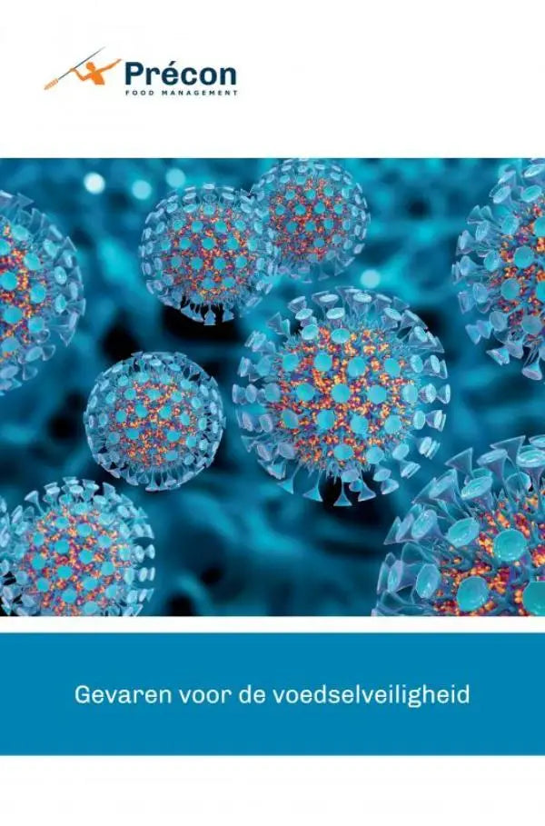 Blauwe en oranje moleculaire structuur illustraties op een teal achtergrond voor gevaren voor de voedselveiligheid product