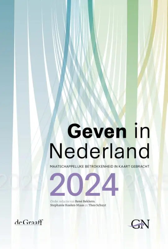 De cover van geven in nederland 2024 toont een abstract ontwerp met blauwe en groene lijnen maatschappelijke betrokkenheid kaart gebracht