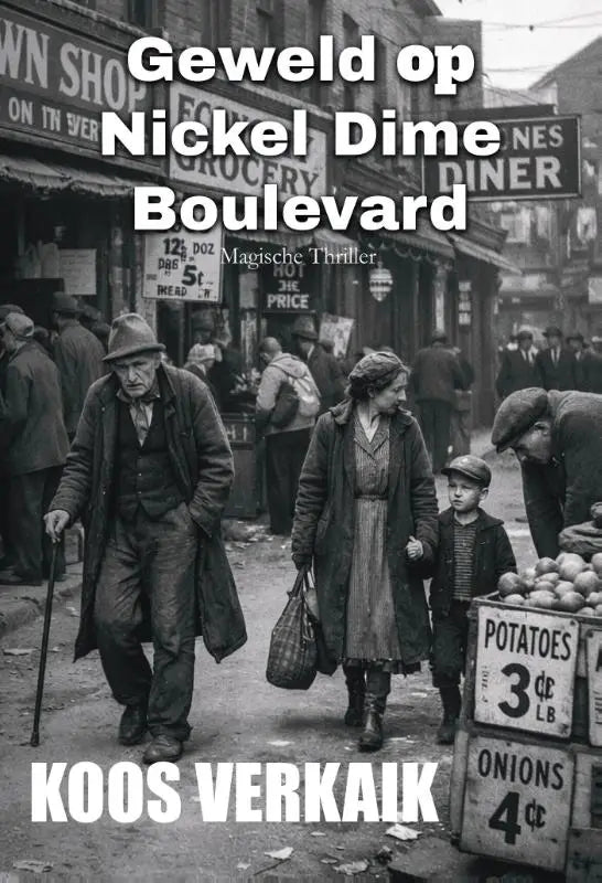 Zwart-wit boekomslag van Geweld op Nickel Dime Boulevard door Koos Verkaik met vintage straatbeeld en winkelpuien