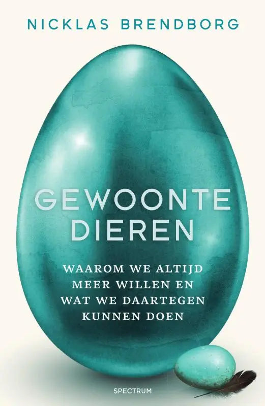 Glanzend teal eivormig boekcover van gewoontedieren met witte tekst over willen en daartegen maatregelen