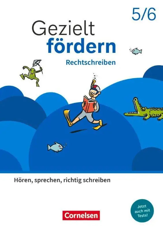 Blauw-wit geïllustreerd lern- und Übungshefte deutsch cover met cartoon jongen en dieren achtergrond voor gezielt fördern