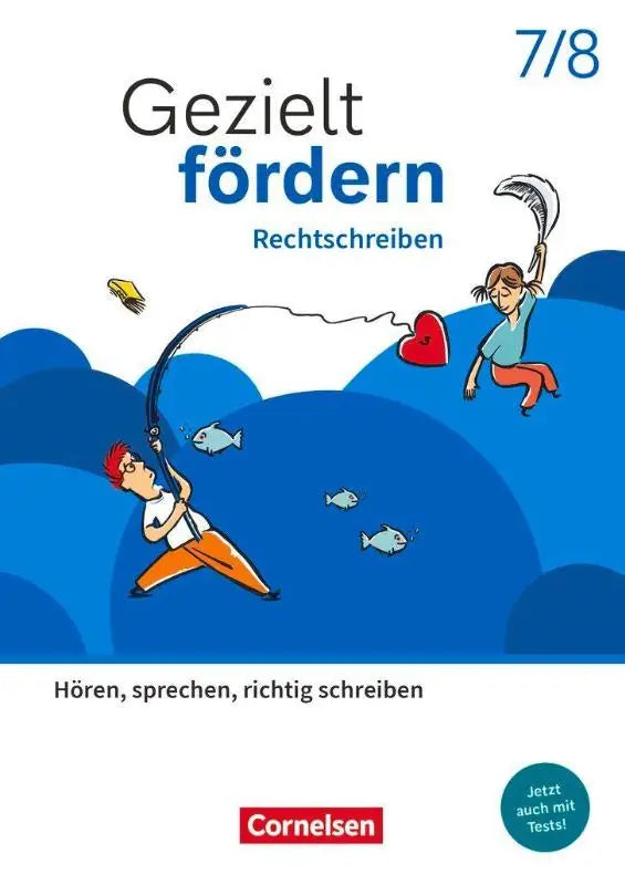 Blauw-wit geïllustreerd thematisch arbeitsheft met oefenboek gericht op rechtschreibung van cornelsen gezielt fördern