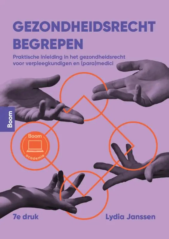 Paarse boekomslag van gezondheidsrecht begrepen door lydia janssen, uitgegeven door boom academie