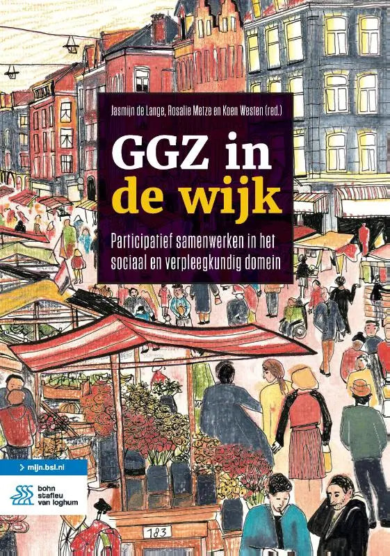 De boekcover van ggz in de wijk toont een levendige illustratie van een bruisende europese straatmarkt met rode luifels