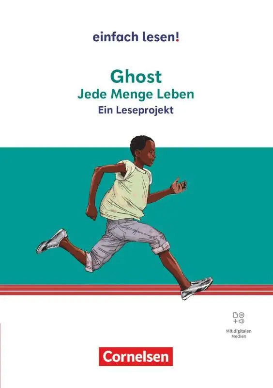 De cover van het eenvoudig lezen boek ghost van cornelsen toont een illustratie van een jongen in beweging in licht shirt en grijze short