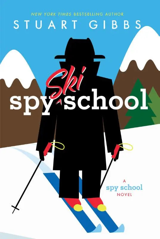 Zwarte silhouet van een ski-instructeur met fedora en jas, die skis met rode laarzen en gele bindingen vasthoudt voor spy ski school