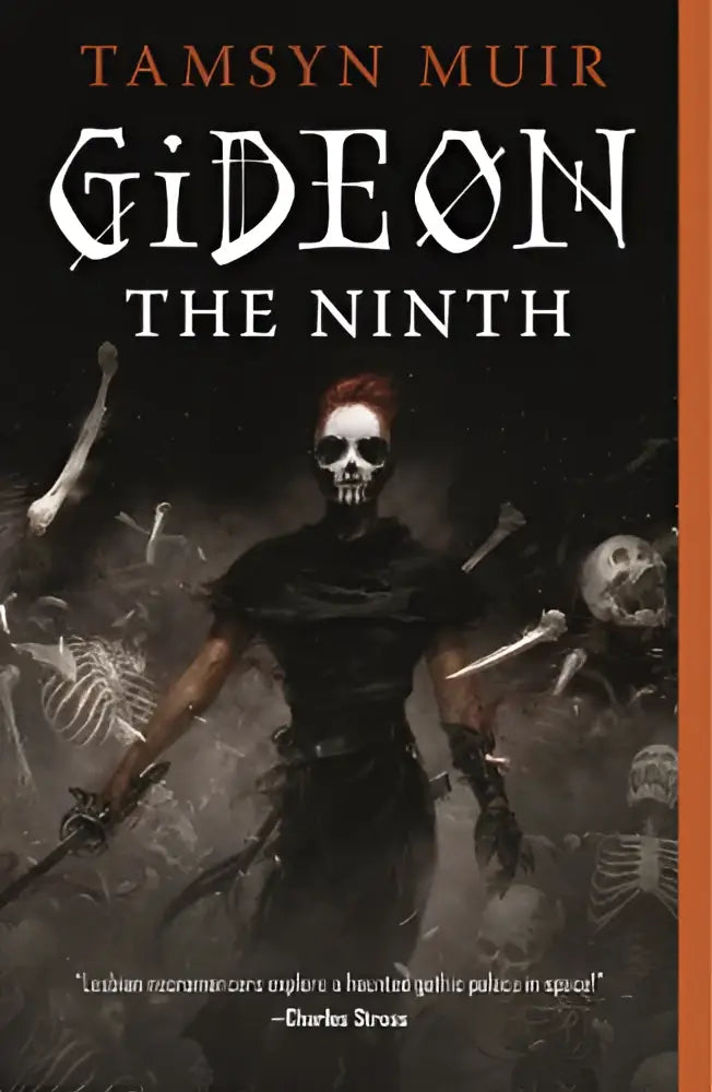 Zwarte boekcover van gideon the ninth met een skeletfiguur met rood haar en zwaarden van tamsyn muir