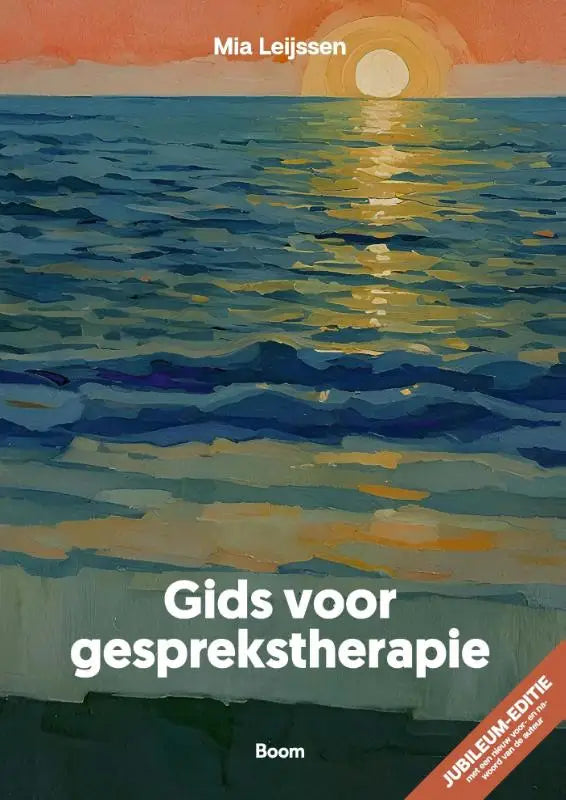 Boekcover van gids voor gesprekstherapie met een levendige zonsondergang en gestileerde blauwe, oranje en gele golven
