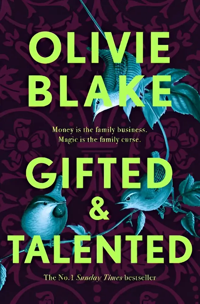 Het boek gifted & talented toont neon groene tekst op een donkerpaarse achtergrond met teal botanische illustraties