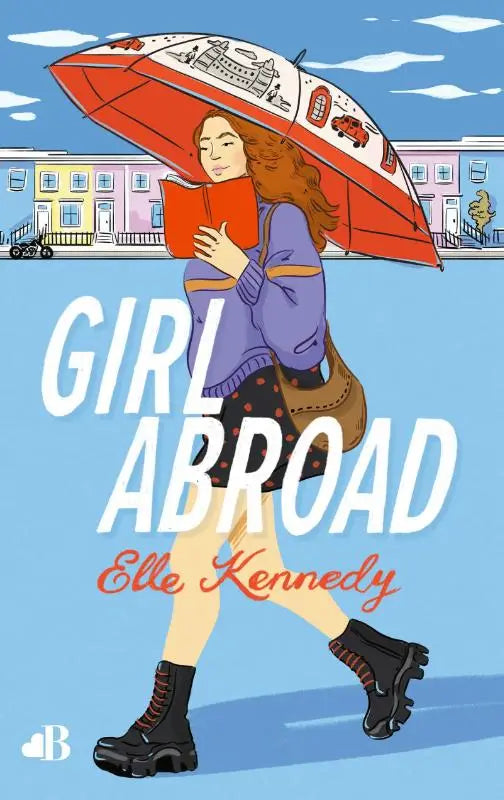 A girl abroad umbrella in vibrant red with a white underside illustrated with buildings and vehicles
