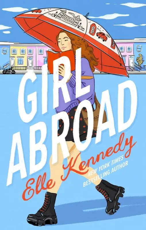 Een levendige rode paraplu met een gedetailleerde illustratie van gebouwen en auto’s voor girl abroad new adult romance