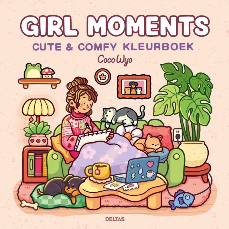 Illustratie van een girl moments cute kleurboek coco wyo met een meisje in roze pyjama en katten in een gezellige setting