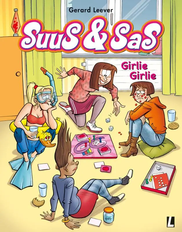 De cover van het comicboek girlie girlie van gerard leever toont cartoonfiguren in een speelse binnenscène algemeen publiek