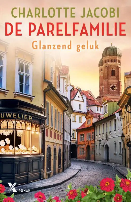 De boekomslag van glanzend geluk toont een zonnig europees straatbeeld met kleurrijke gebouwen en een opvallende kloktoren