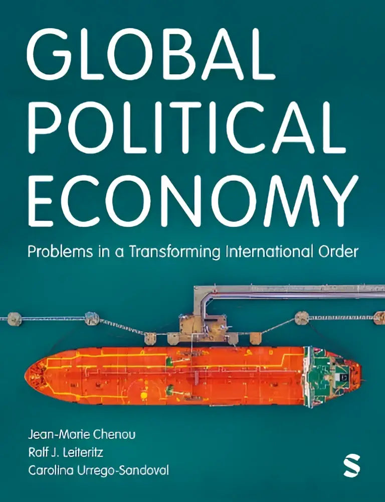 De boekomslag van global political economy toont de titel in witte letters met een oranje olie tanker op een blauwe achtergrond