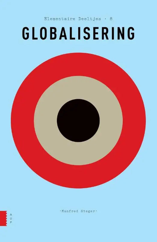 Het boek globalisering heeft een minimalistisch omslag met rode en beige concentrische cirkels voor maatschappij algemeen
